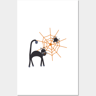 Spookily cute cats, spiders and cobwebs for Halloween in bold orange and darkest charcoal Posters and Art